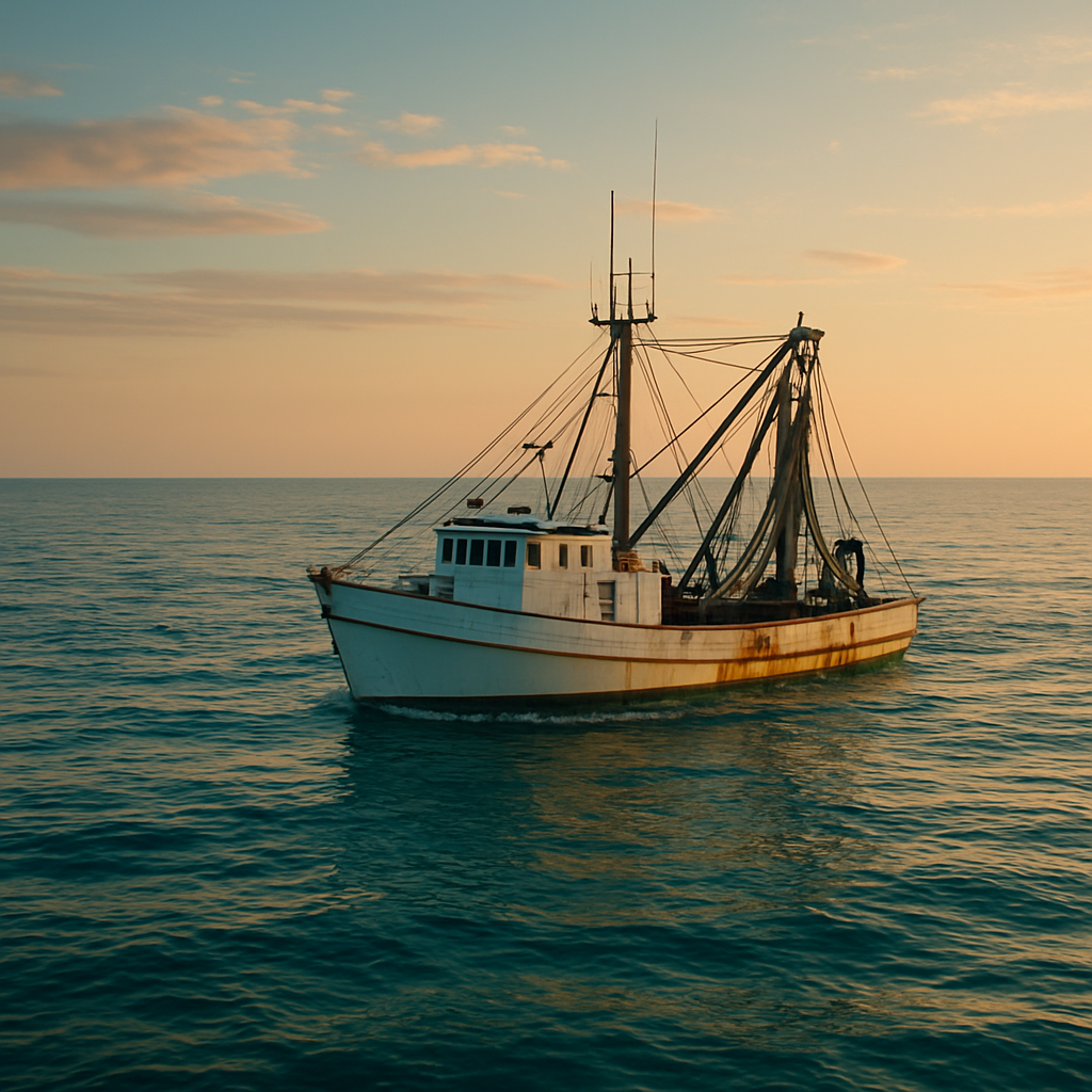 Commercial fishing boat on the Mid-Atlantic ocean at golden hour